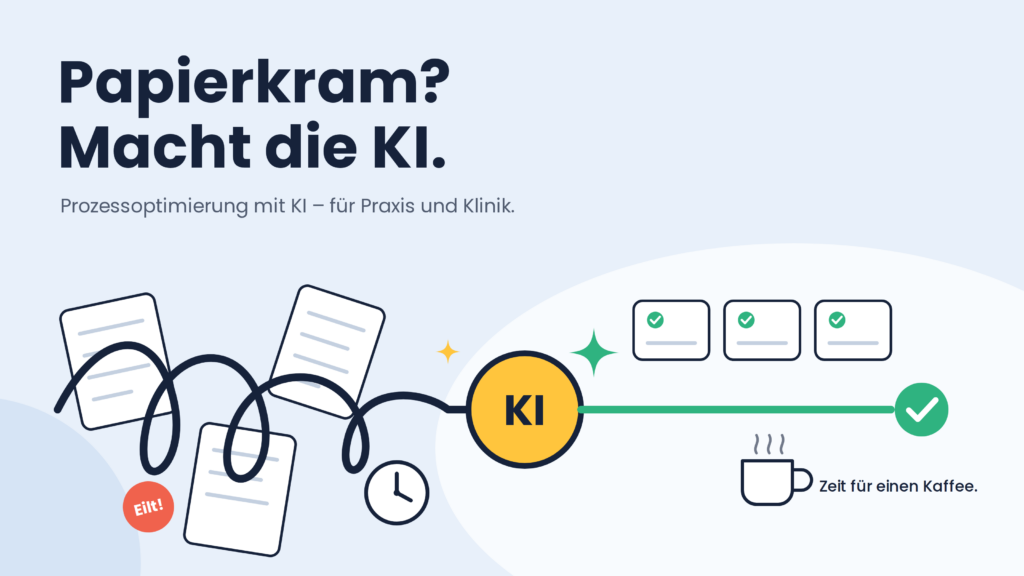 Papierkram? Macht die KI. Prozessoptimierung mit KI – für Praxis und Klinik. Illustration: Papierkram läuft durch die KI und wird zu erledigten Aufgaben – Zeit für einen Kaffee.