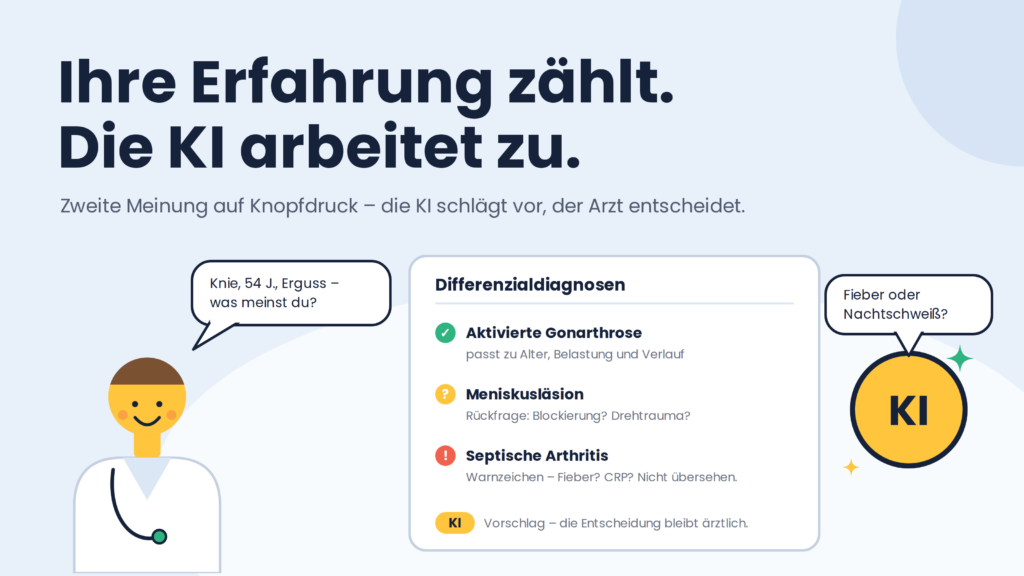 Ihre Erfahrung zählt. Die KI arbeitet zu. Zweite Meinung auf Knopfdruck – die KI schlägt vor, der Arzt entscheidet. Illustration: KI-Vorschlag mit Differenzialdiagnosen.